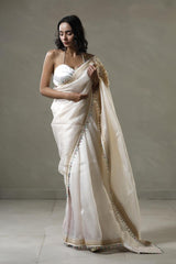 White Handloom Organza Saree with Floral Patch Pallu
