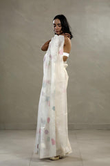 White Organza Silk Saree with Multicolor Floral Work