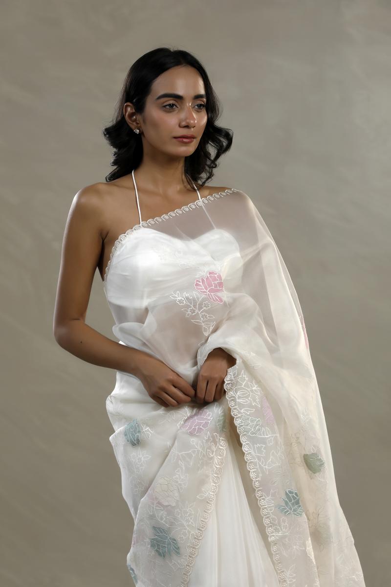 White Organza Silk Saree with Multicolor Floral Work