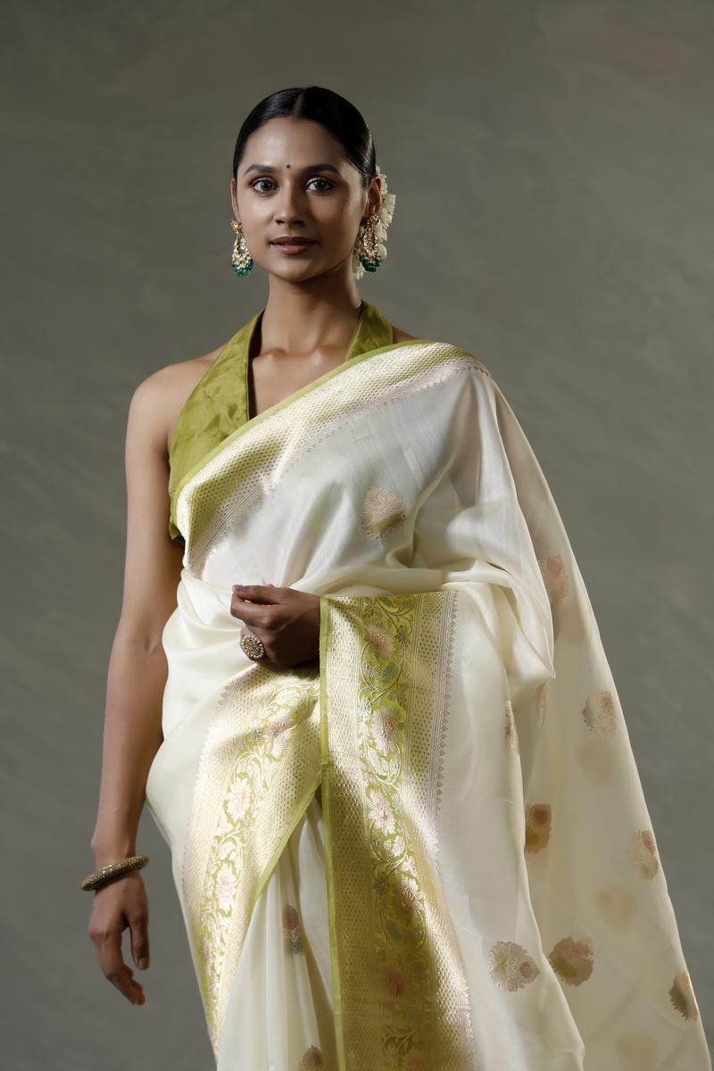 Beige and Green Organza Silk Saree with Handbrush Floral Work