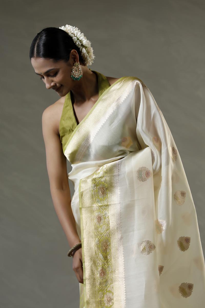 Beige and Green Organza Silk Saree with Handbrush Floral Work