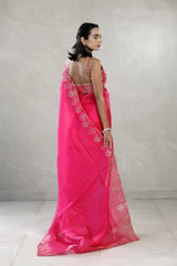 Fuchsia Pink Organza Silk Saree with Aari Work
