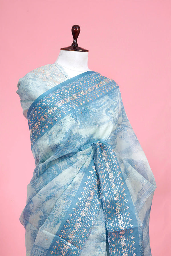 Chambrey Blue Embellished Organza Silk Saree