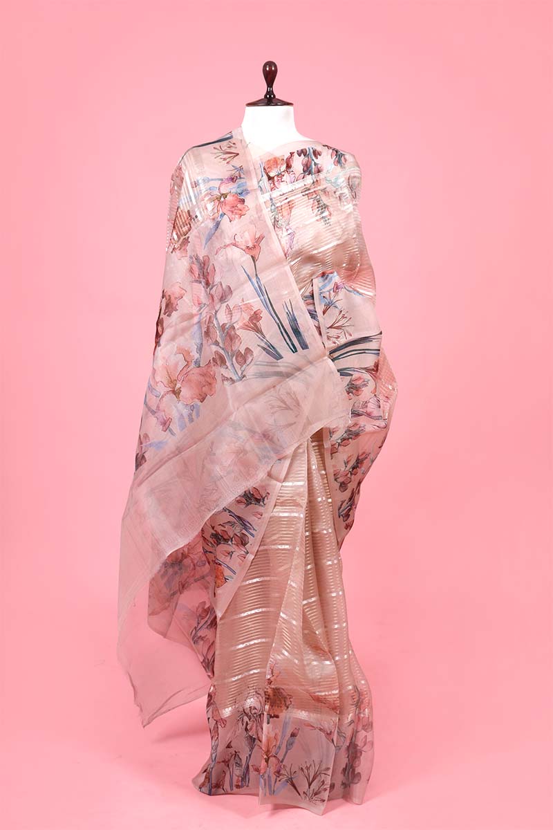 Rust Mauve Floral Printed Organza Silk Saree