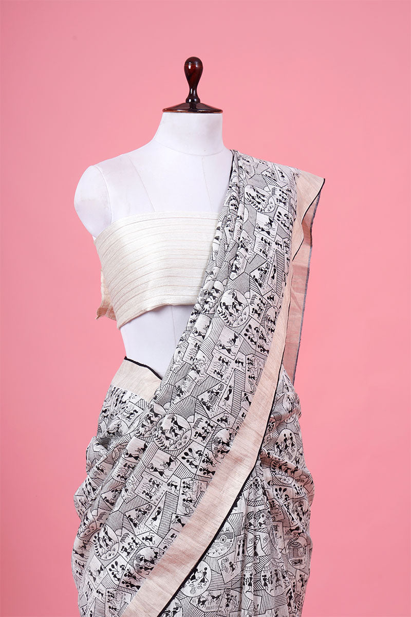 Black & White Abstract Printed Dupion Silk Saree