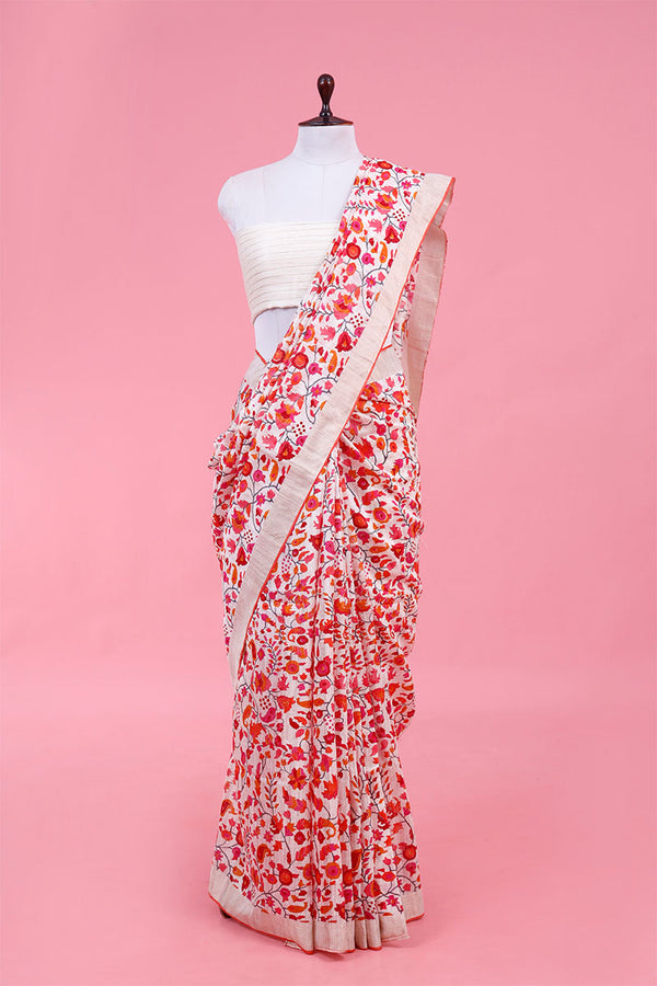 Buy White & Red Raw Silk Sarees Online