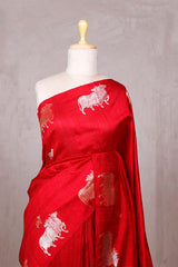 Red Raw Silk Banarasi Saree with Pichwai Motifs