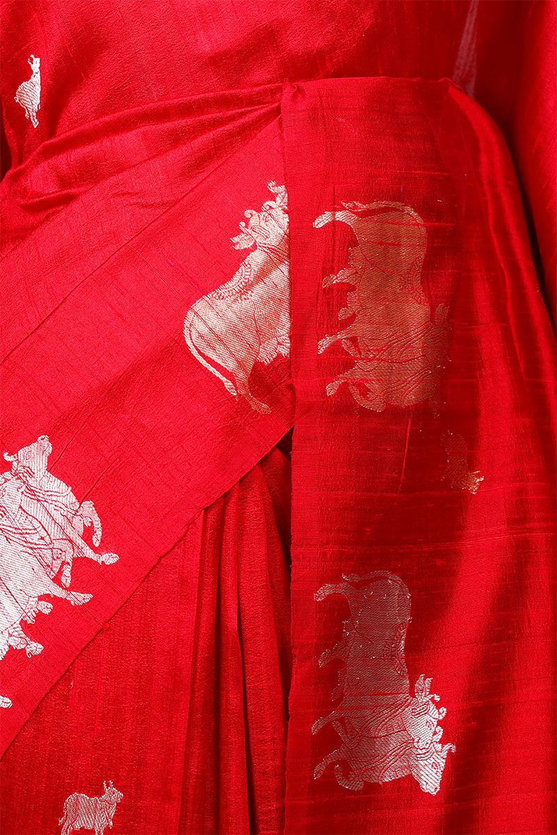 Red Raw Silk Banarasi Saree with Pichwai Motifs