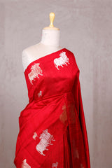 Red Raw Silk Banarasi Saree with Pichwai Motifs