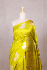 Lime Yellow Raw Silk Banarasi Saree with Pichwai Motifs