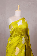 Lime Yellow Raw Silk Banarasi Saree with Pichwai Motifs