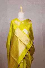 Lime Yellow Raw Silk Banarasi Saree with Pichwai Motifs