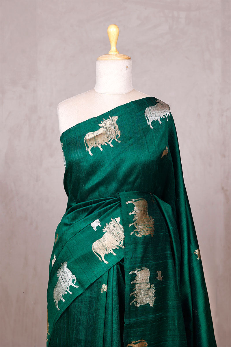 Bottle Green Raw Silk Banarasi Saree with Pichwai Motifs