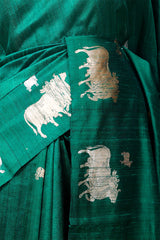 Bottle Green Raw Silk Banarasi Saree with Pichwai Motifs