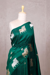 Bottle Green Raw Silk Banarasi Saree with Pichwai Motifs