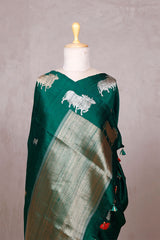 Bottle Green Raw Silk Banarasi Saree with Pichwai Motifs