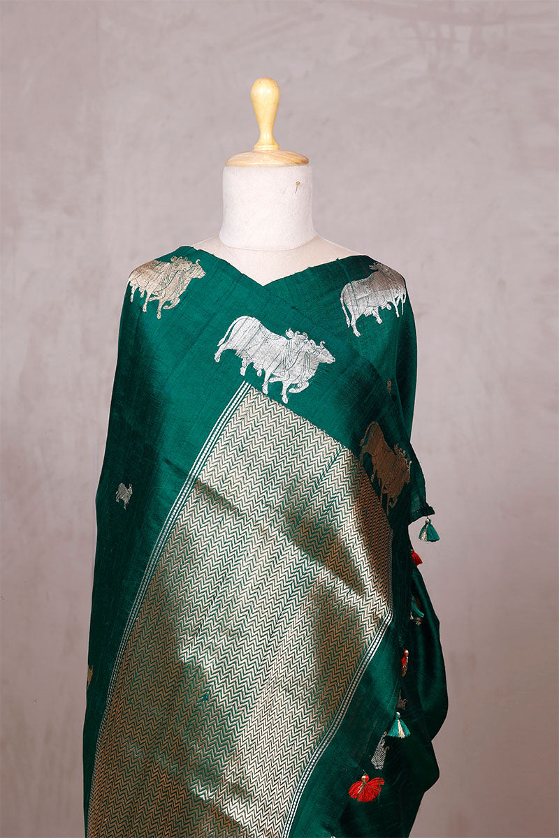 Bottle Green Raw Silk Banarasi Saree with Pichwai Motifs