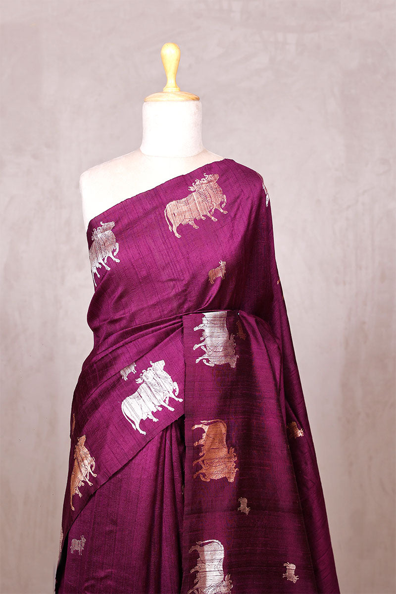 Wine Raw Silk Banarasi Saree with Pichwai Motifs