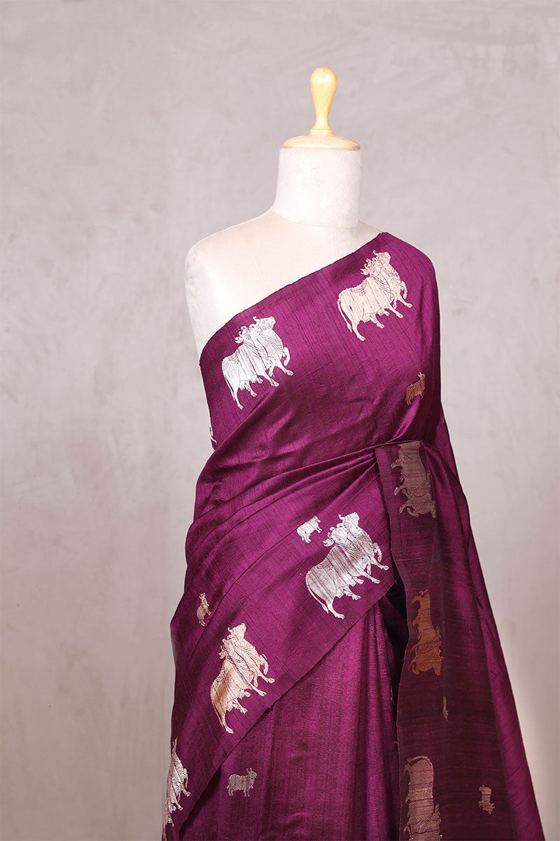 Wine Raw Silk Banarasi Saree with Pichwai Motifs