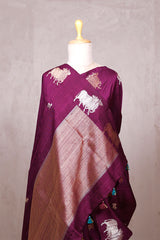 Wine Raw Silk Banarasi Saree with Pichwai Motifs