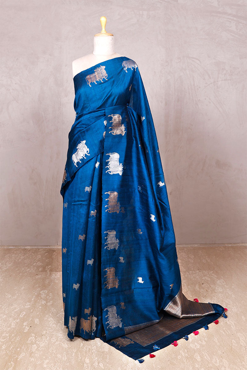 Cobalt Blue Raw Silk Banarasi Saree with Pichwai Motifs