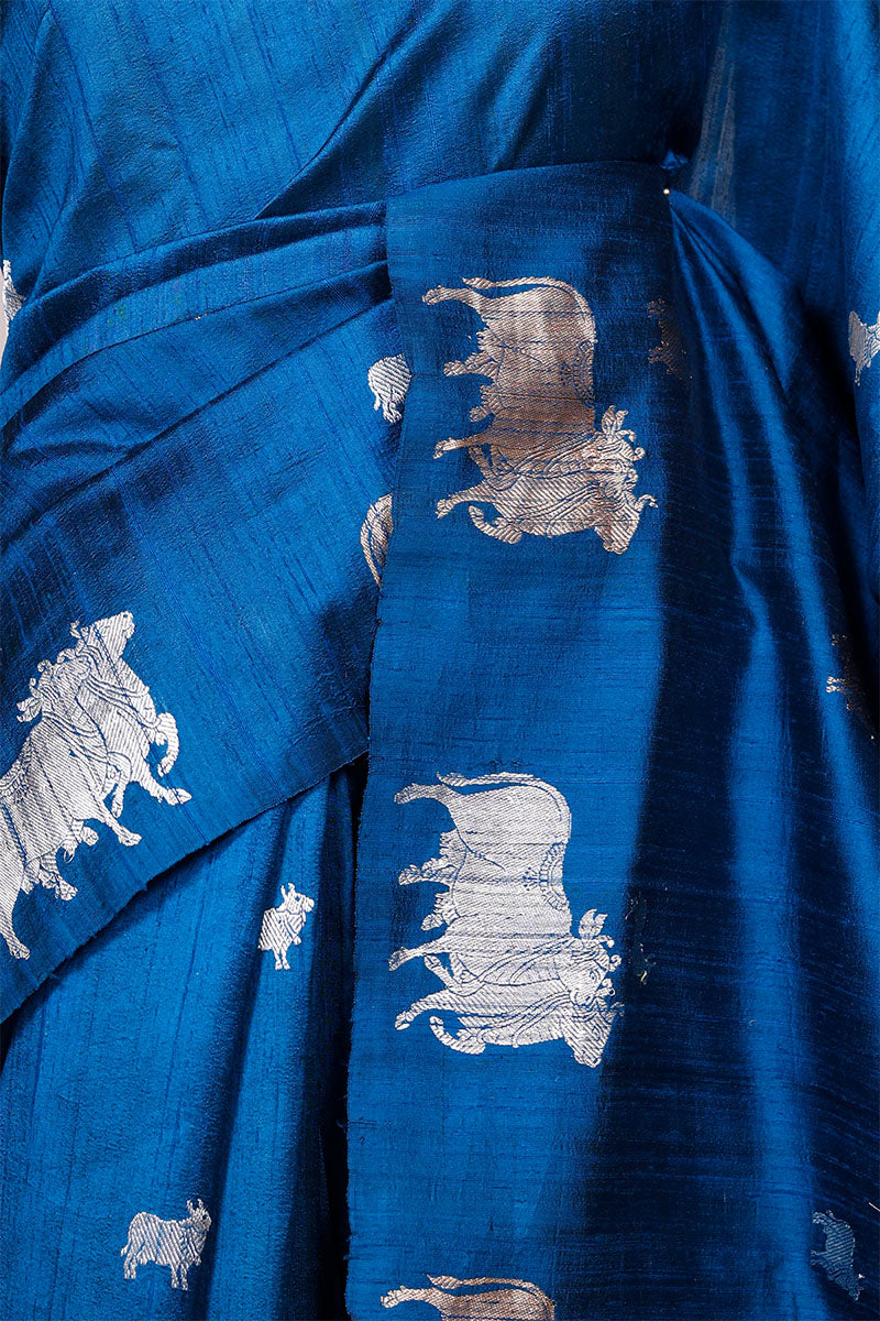 Cobalt Blue Raw Silk Banarasi Saree with Pichwai Motifs