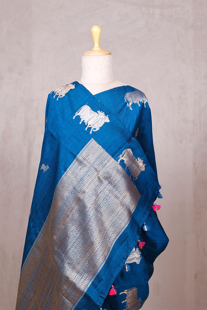 Cobalt Blue Raw Silk Banarasi Saree with Pichwai Motifs