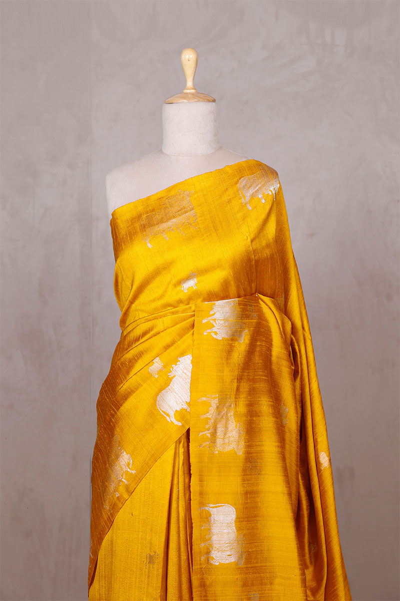 Yellow Raw Silk Banarasi Saree with Pichwai Motifs