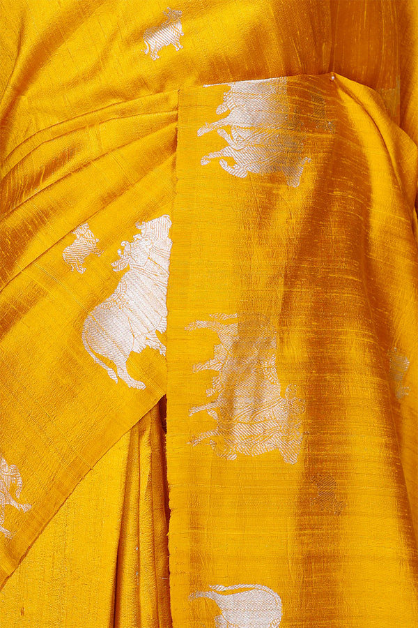 Yellow Raw Silk Banarasi Saree with Pichwai Motifs