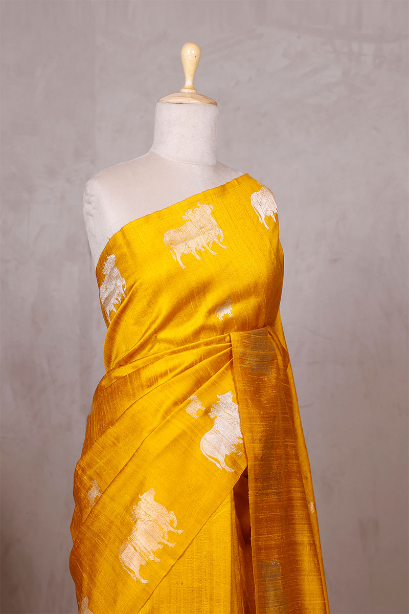 Yellow Raw Silk Banarasi Saree with Pichwai Motifs