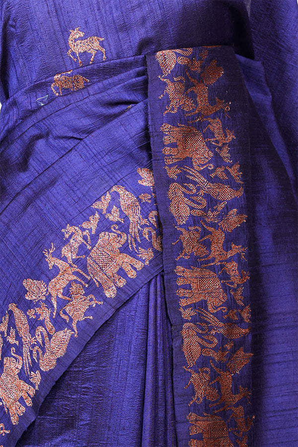 Navy Blue Raw Silk Banarasi Saree with Deer Shikargah Motifs