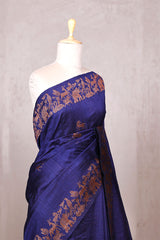 Navy Blue Raw Silk Banarasi Saree with Deer Shikargah Motifs