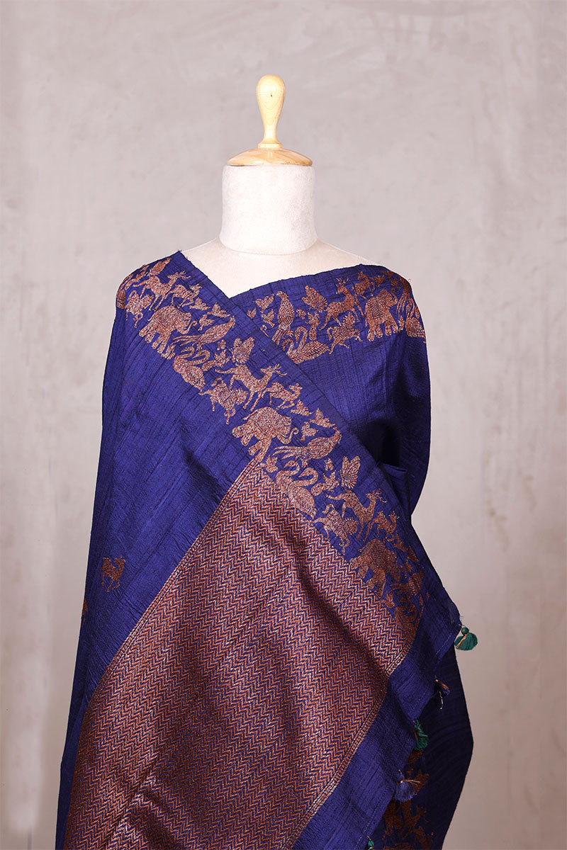 Navy Blue Raw Silk Banarasi Saree with Deer Shikargah Motifs