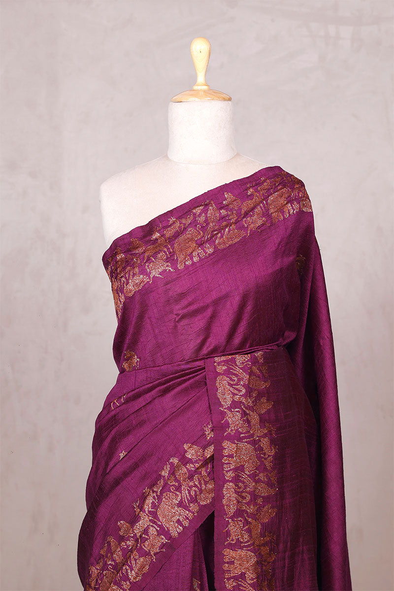 Wine Raw Silk Banarasi Saree with Deer Shikargah Motifs