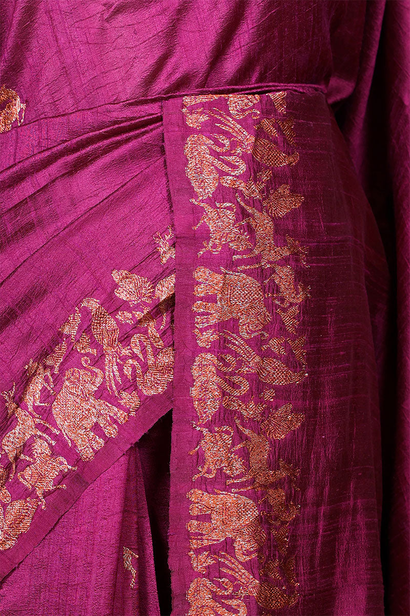 Wine Raw Silk Banarasi Saree with Deer Shikargah Motifs