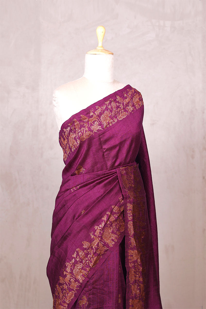 Wine Raw Silk Banarasi Saree with Deer Shikargah Motifs