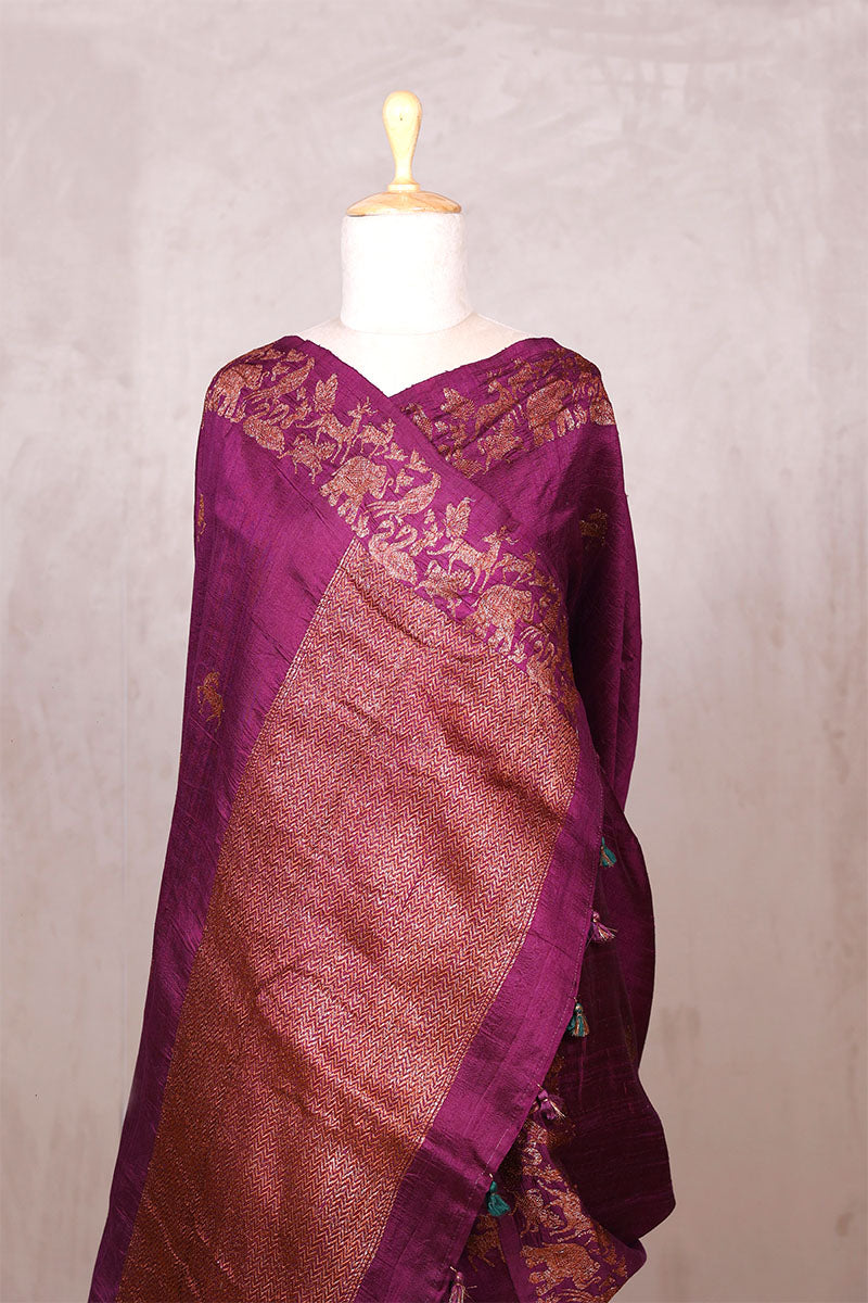 Wine Raw Silk Banarasi Saree with Deer Shikargah Motifs