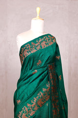 Bottle Green Raw Silk Banarasi Saree with Deer Shikargah Motifs