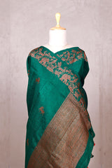 Bottle Green Raw Silk Banarasi Saree with Deer Shikargah Motifs