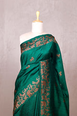 Bottle Green Raw Silk Banarasi Saree with Deer Shikargah Motifs