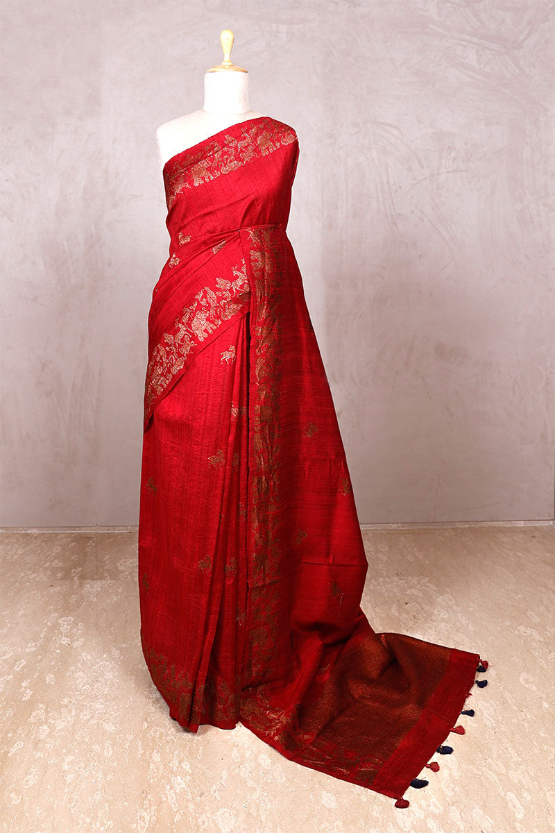 Red Raw Silk Banarasi Saree with Deer Shikargah Motifs