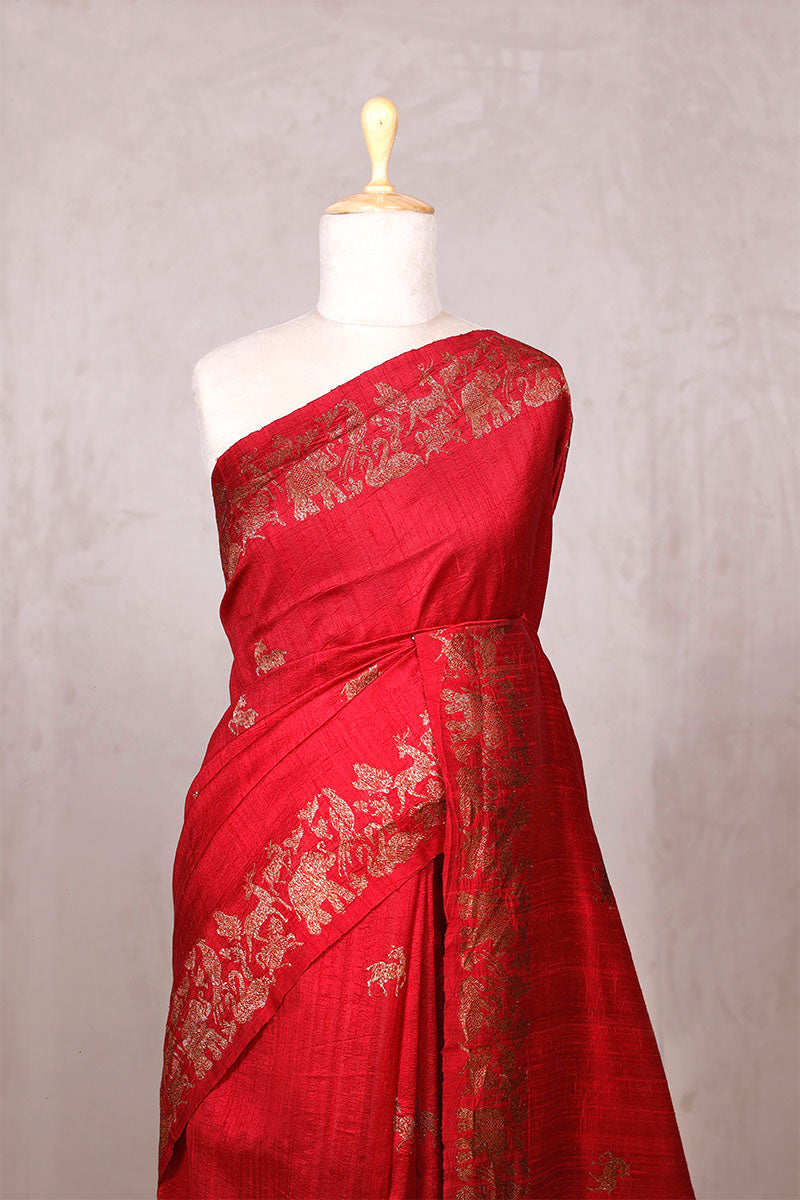 Red Raw Silk Banarasi Saree with Deer Shikargah Motifs