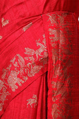 Red Raw Silk Banarasi Saree with Deer Shikargah Motifs