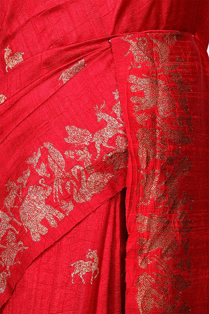 Red Raw Silk Banarasi Saree with Deer Shikargah Motifs