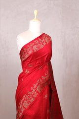 Red Raw Silk Banarasi Saree with Deer Shikargah Motifs