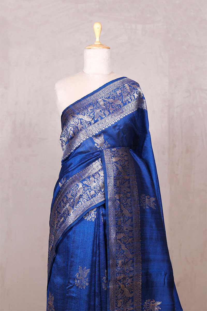 Royal Blue Raw Silk Banarasi Saree with Bird and Floral Motifs