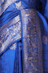 Royal Blue Raw Silk Banarasi Saree with Bird and Floral Motifs