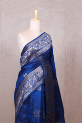 Royal Blue Raw Silk Banarasi Saree with Bird and Floral Motifs