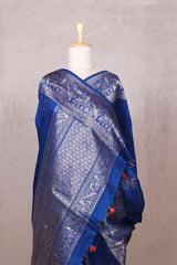 Royal Blue Raw Silk Banarasi Saree with Bird and Floral Motifs