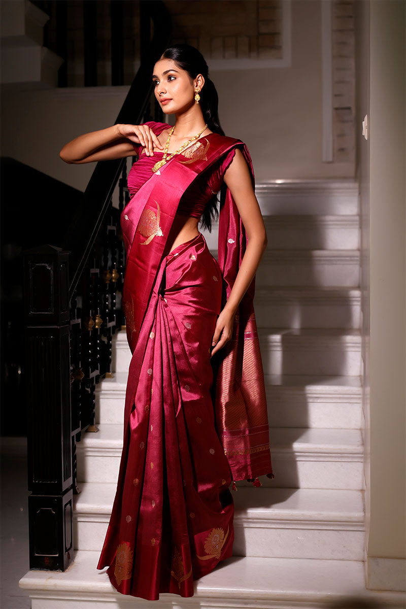 Burgundy Ethnic Handloom Banarasi Silk Saree